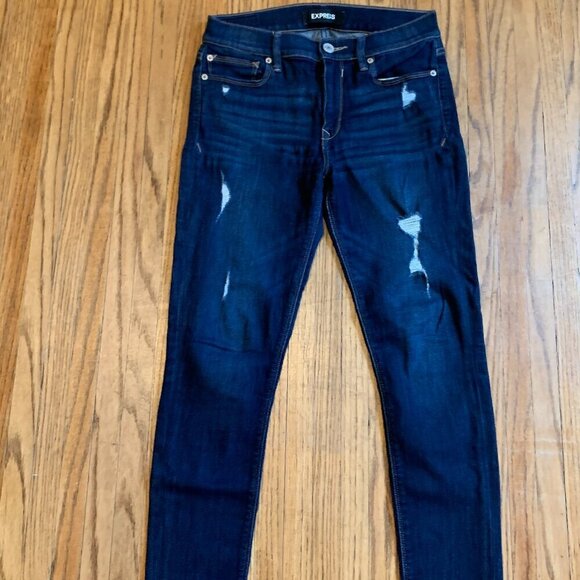 Express Dark Wash Legging Mid Rise Stretch 4s 4c Distressed Hole Blue Skinny - Picture 3 of 11